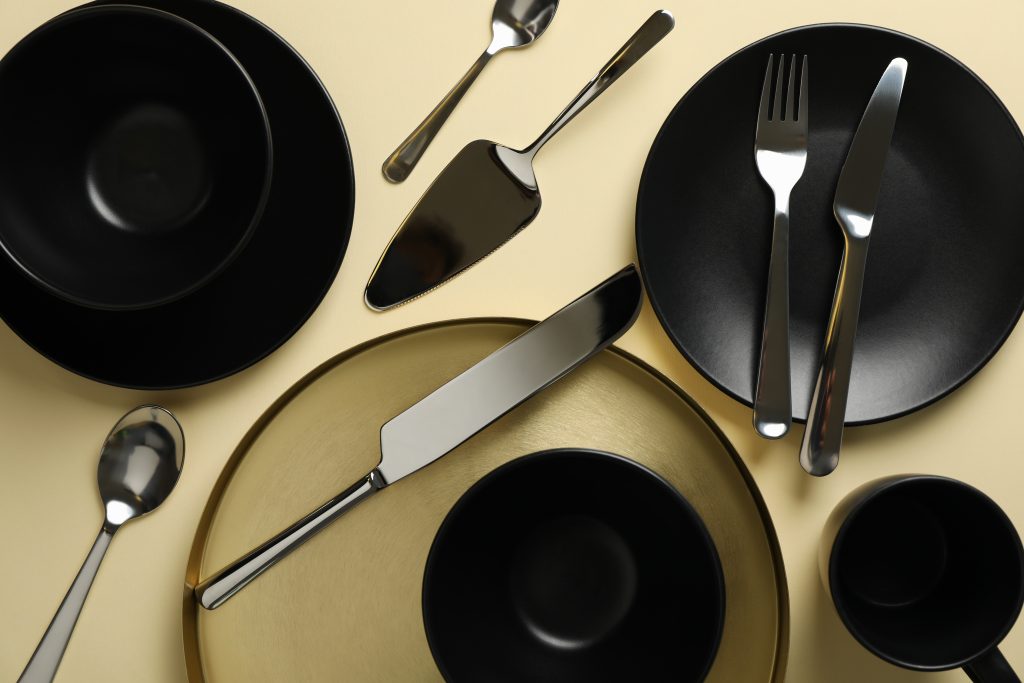 tableware and cutlery on beige background top vie 2021 09 02 20 17 57 utc