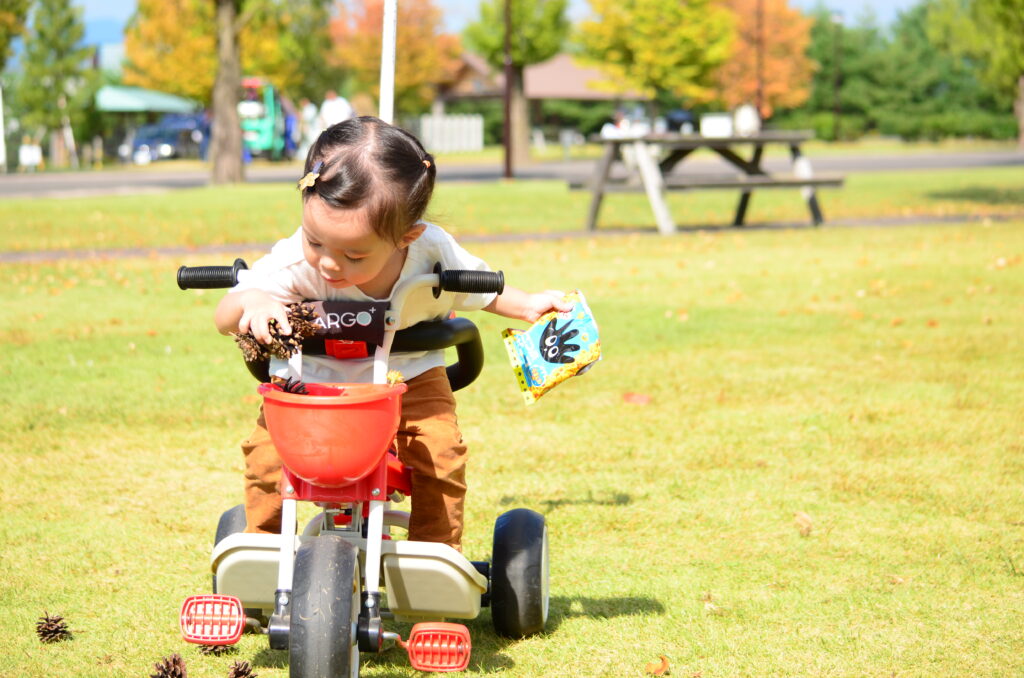 公園で三輪車に乗る女の子